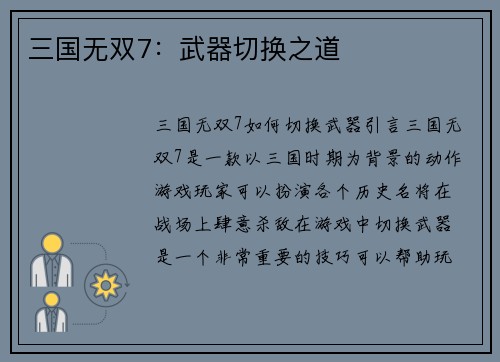 三国无双7：武器切换之道