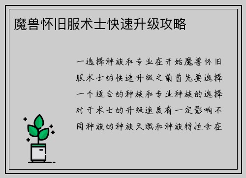 魔兽怀旧服术士快速升级攻略